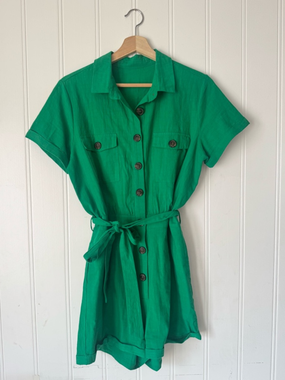 Green Button Front Tie Waist Romper Small